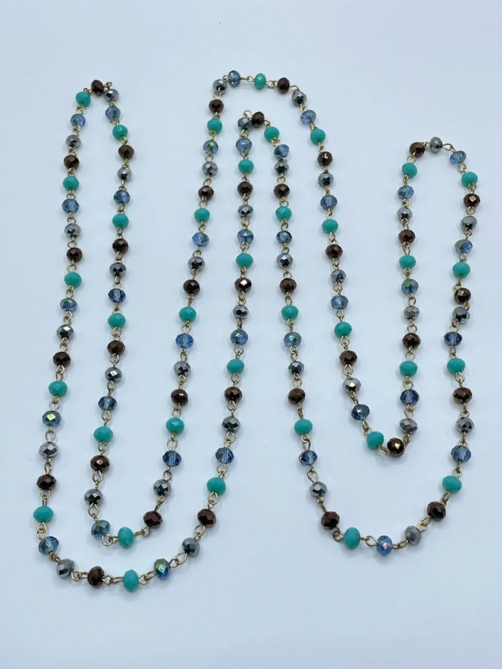 56” Multicolor Faceted Glass Beaded Necklace Gold Tone Long Layering Chain